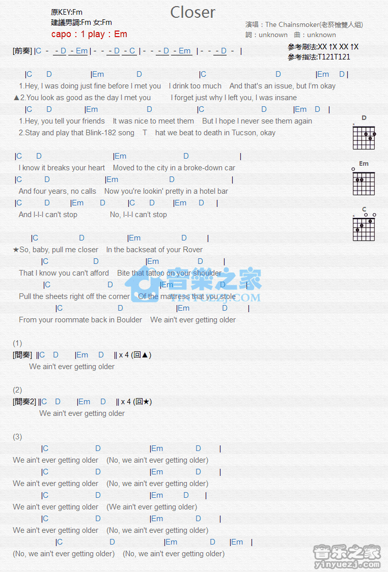 em调版 the chainsmokers《closer》吉他和弦弹唱谱