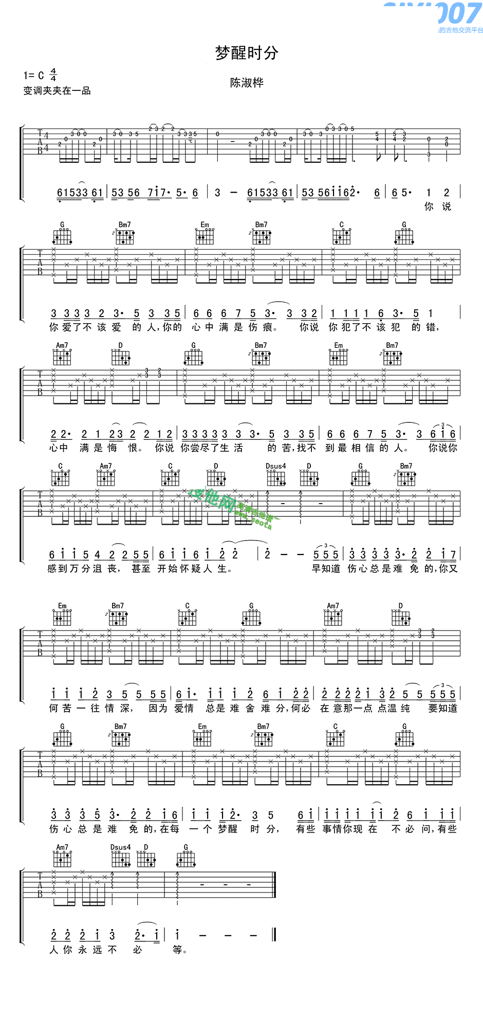 陈淑桦梦醒时分吉他谱