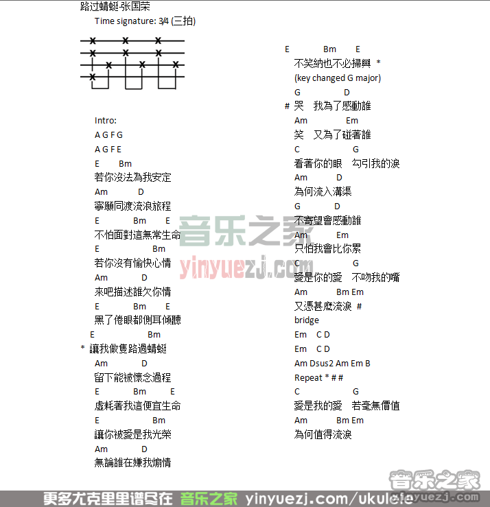 张国荣《路过蜻蜓》尤克里里谱