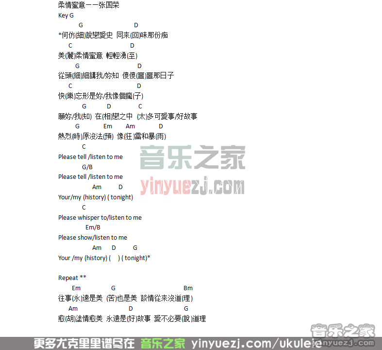 张国荣《柔情蜜意》尤克里里谱