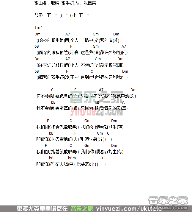 张国荣《取暖》尤克里里谱