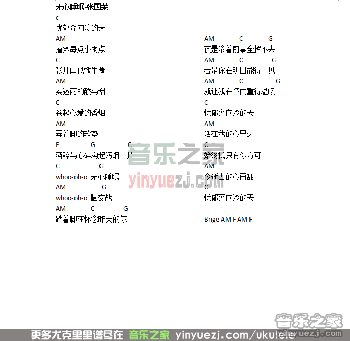 张国荣《无心睡眠》尤克里里谱