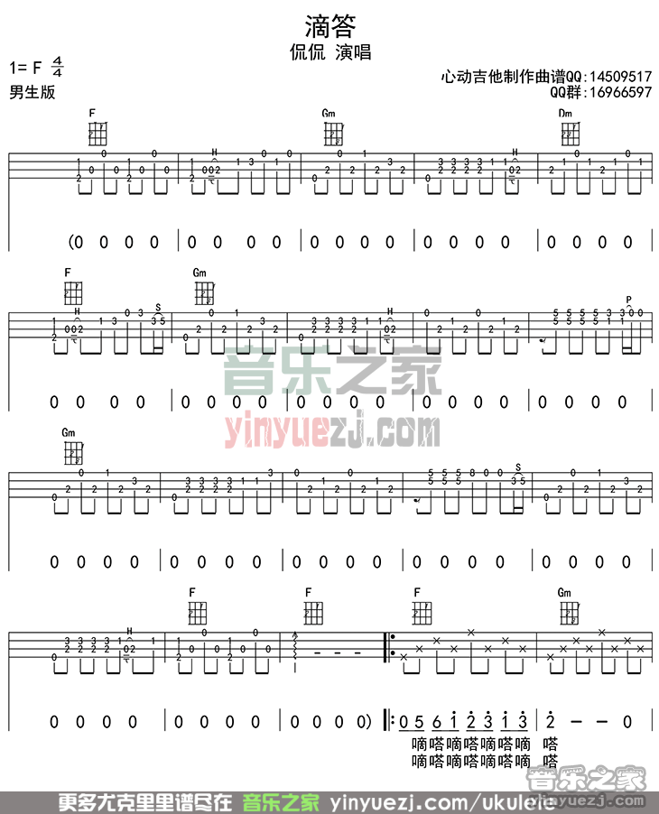 1四线谱F调版 侃侃《滴答》尤克里里弹唱谱