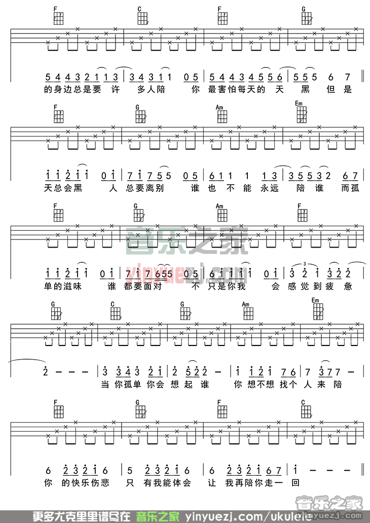 2四线谱版 张栋梁《当你孤单你会想起谁》尤克里里弹唱谱