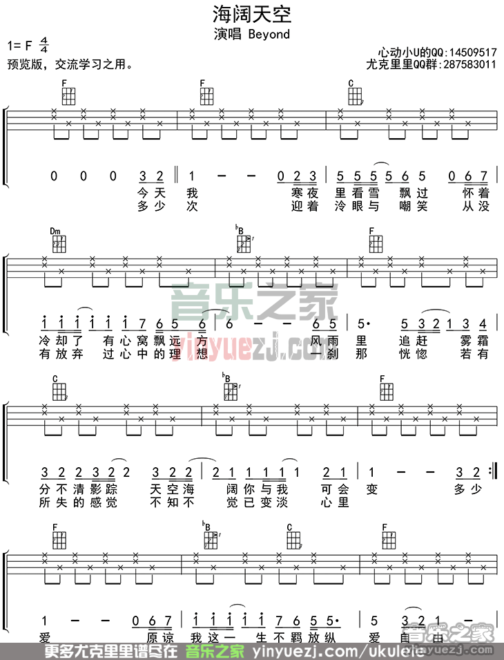 1四线谱版 Beyond《海阔天空》尤克里里弹唱谱