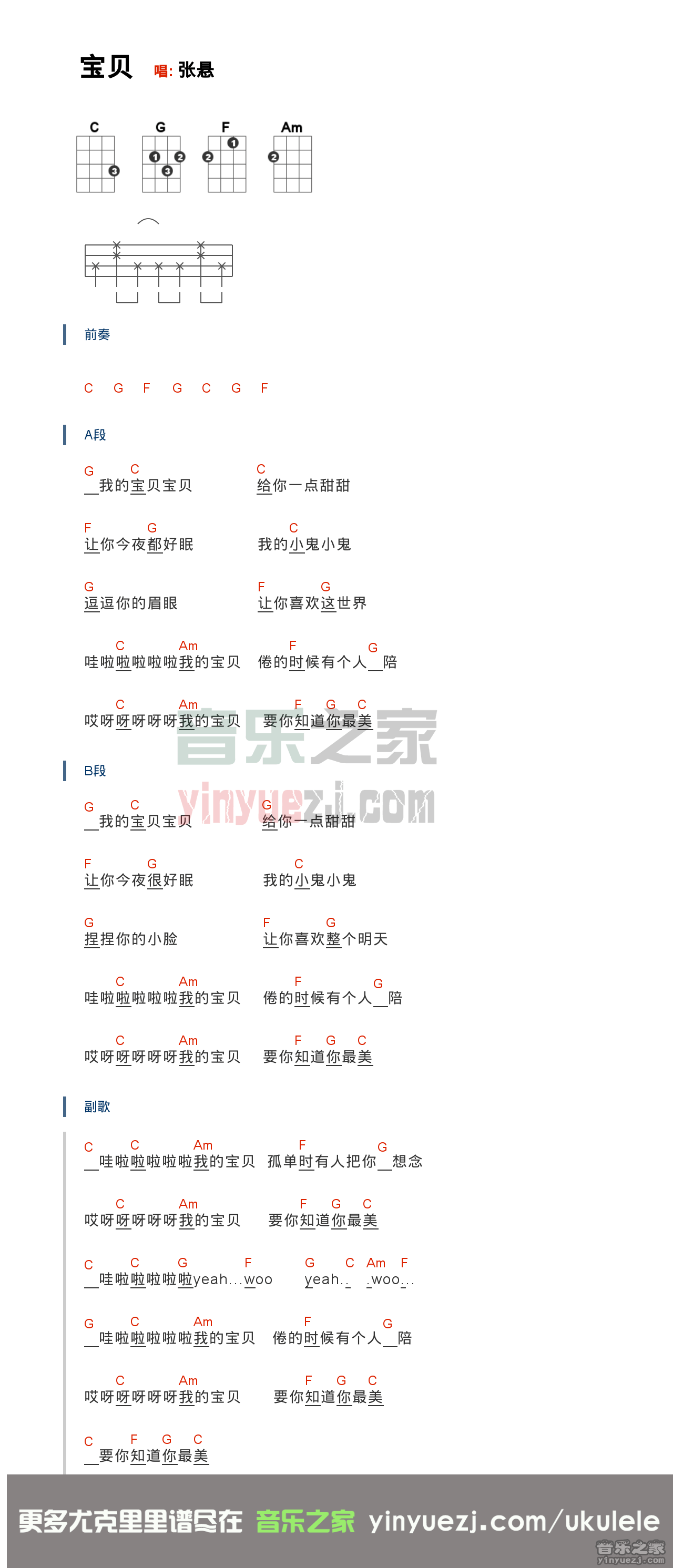 1和弦版 张悬《宝贝》尤克里里弹唱谱