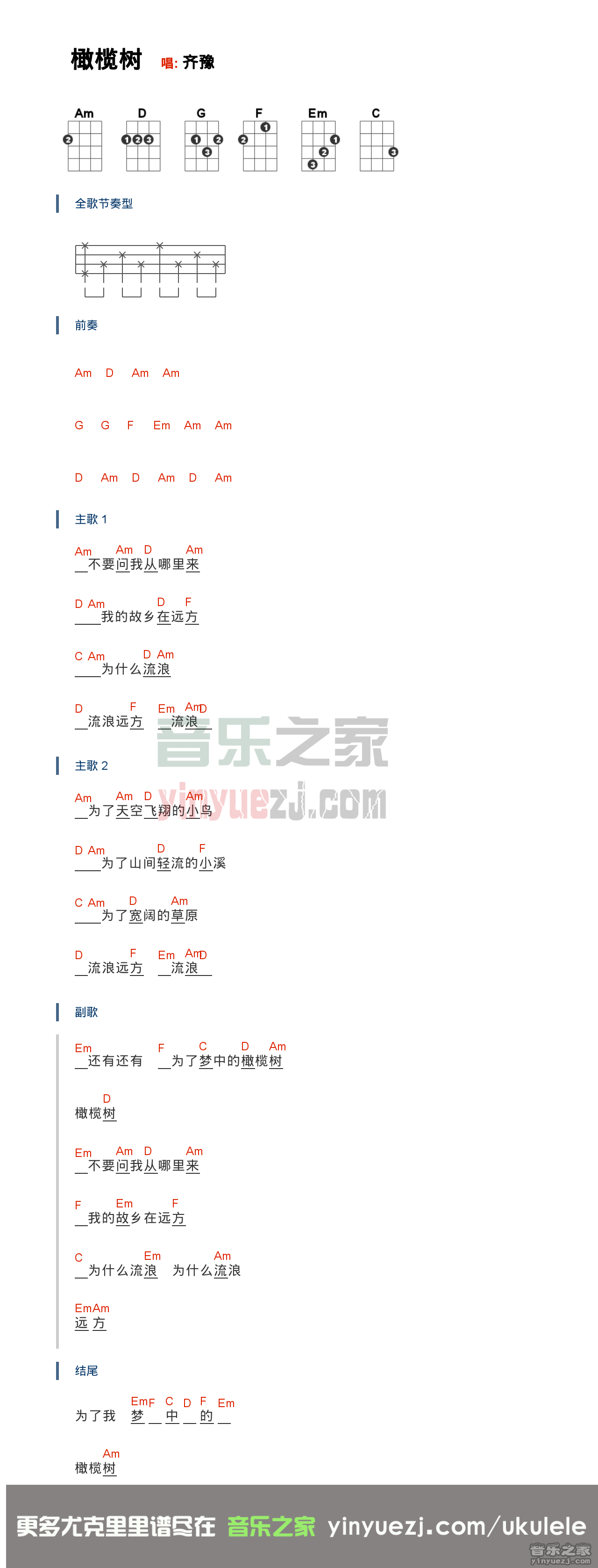 齐豫《橄榄树》尤克里里弹唱谱