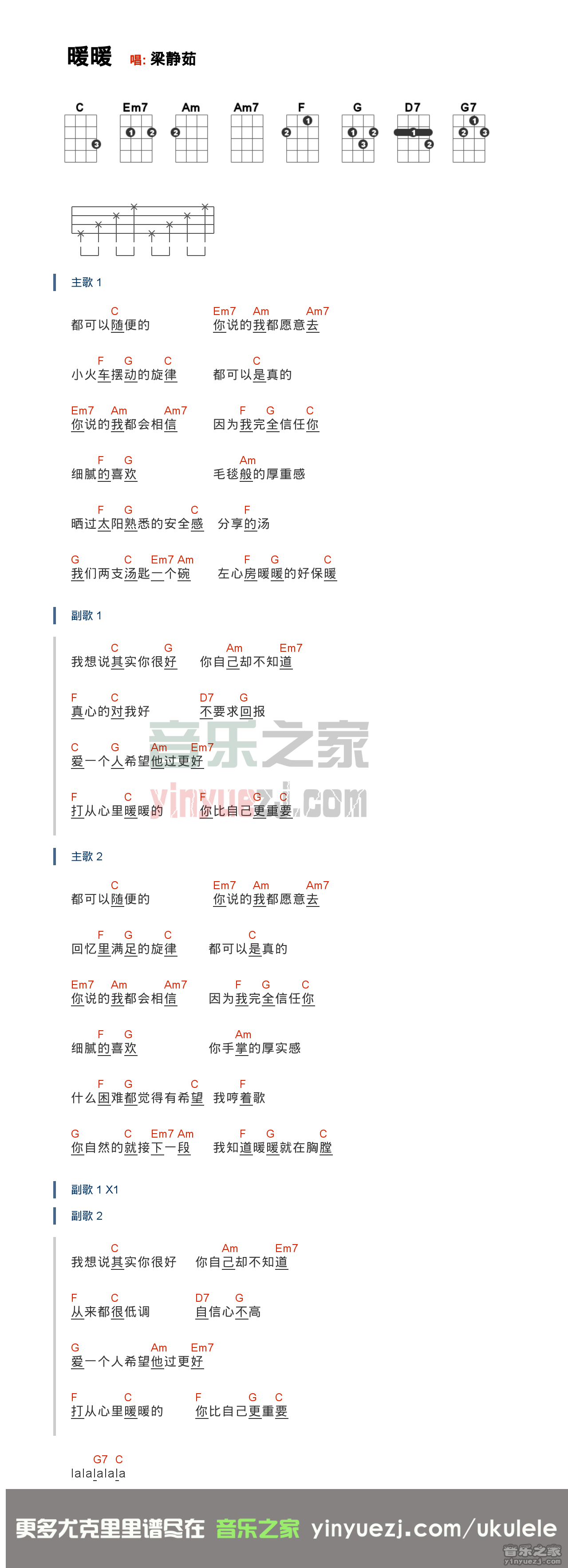 分解版 梁静茹《暖暖》尤克里里弹唱谱