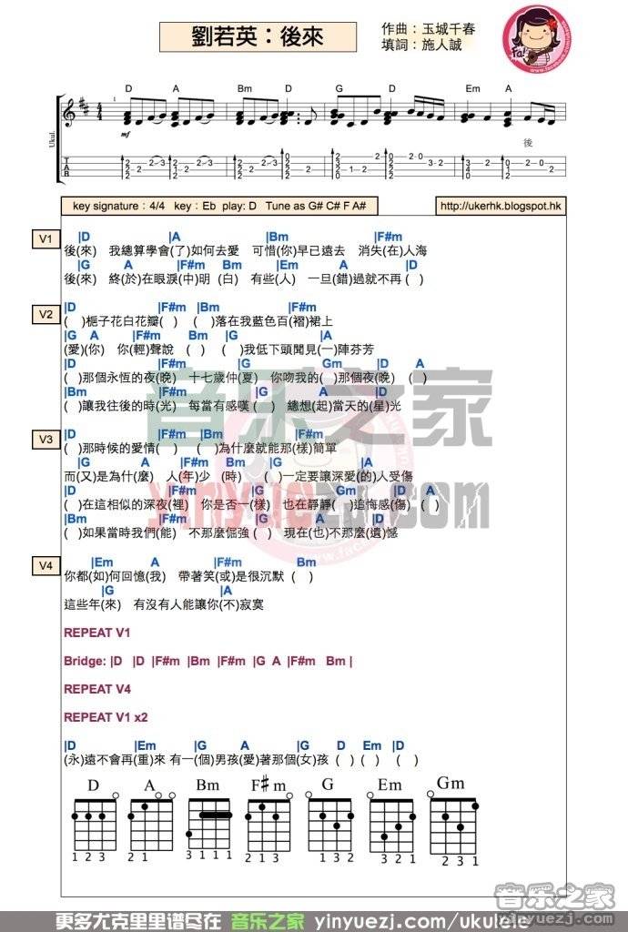 狂热版 刘若英《后来》尤克里里弹唱谱