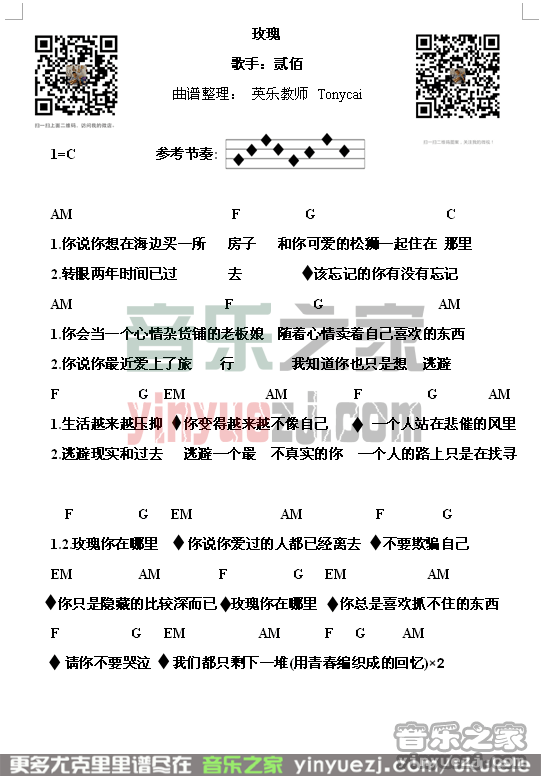 英乐老师版 贰佰《玫瑰》尤克里里弹唱谱