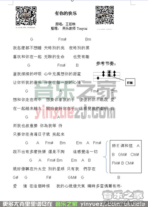 英乐老师版 王若琳《有你的快乐》尤克里里弹唱谱