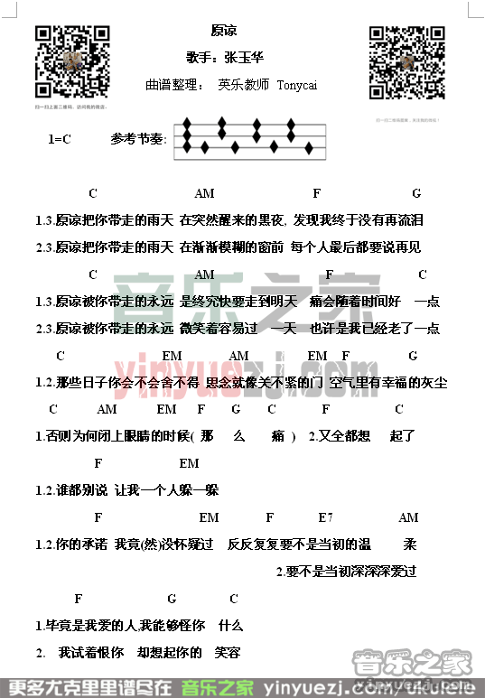 英乐老师版 张玉华《原谅》尤克里里弹唱谱