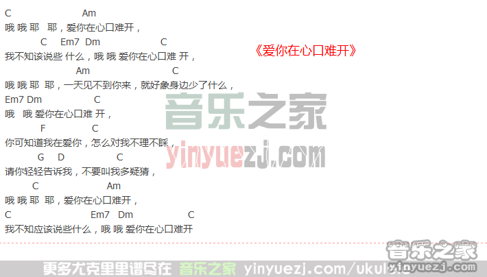 凤飞飞《爱你在心口难开》尤克里里谱