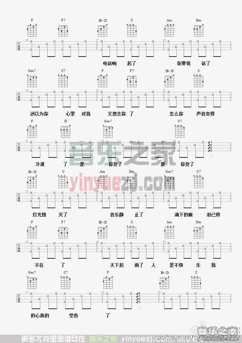 2四线谱版 张学友《我真的受伤了》尤克里里弹唱谱