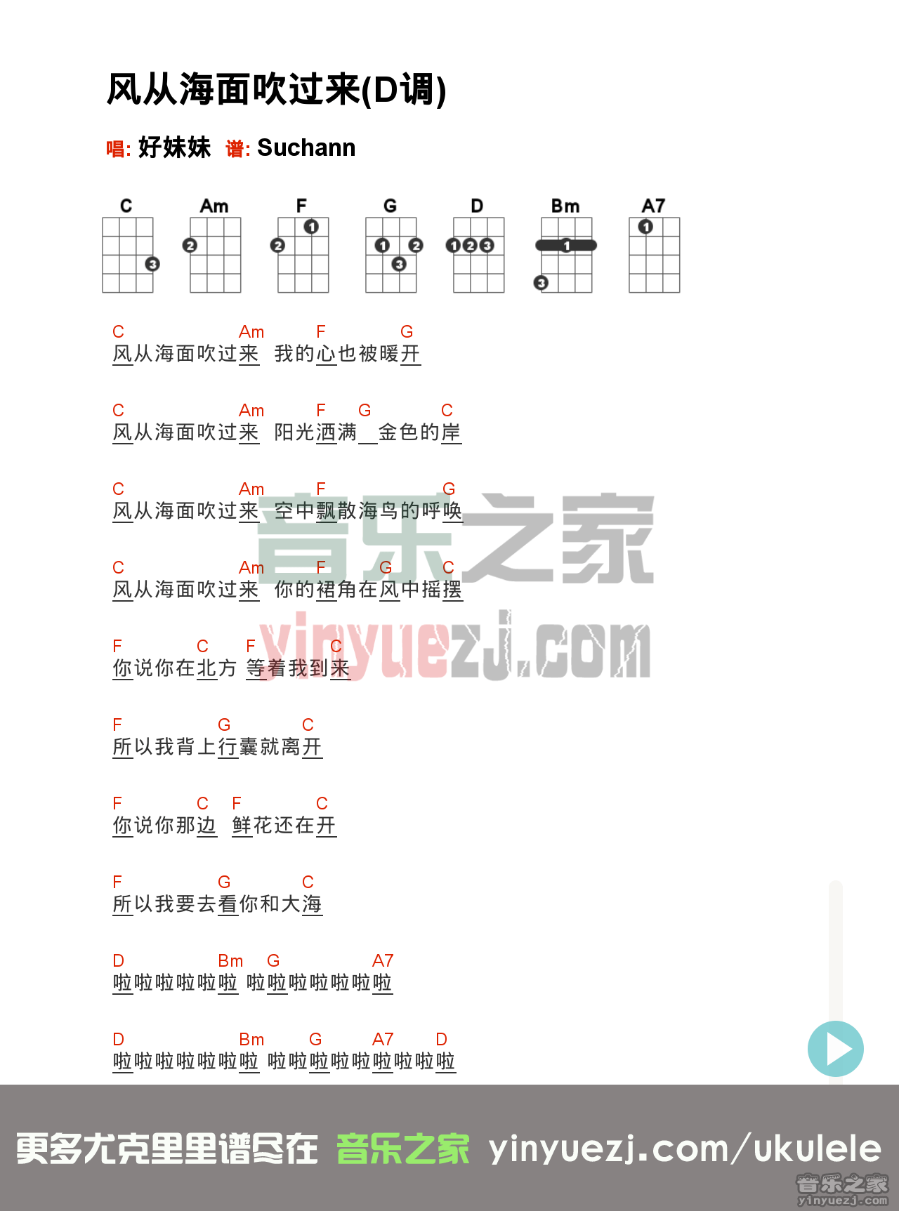 C调版 好妹妹《风从海面吹过来》尤克里里弹唱谱