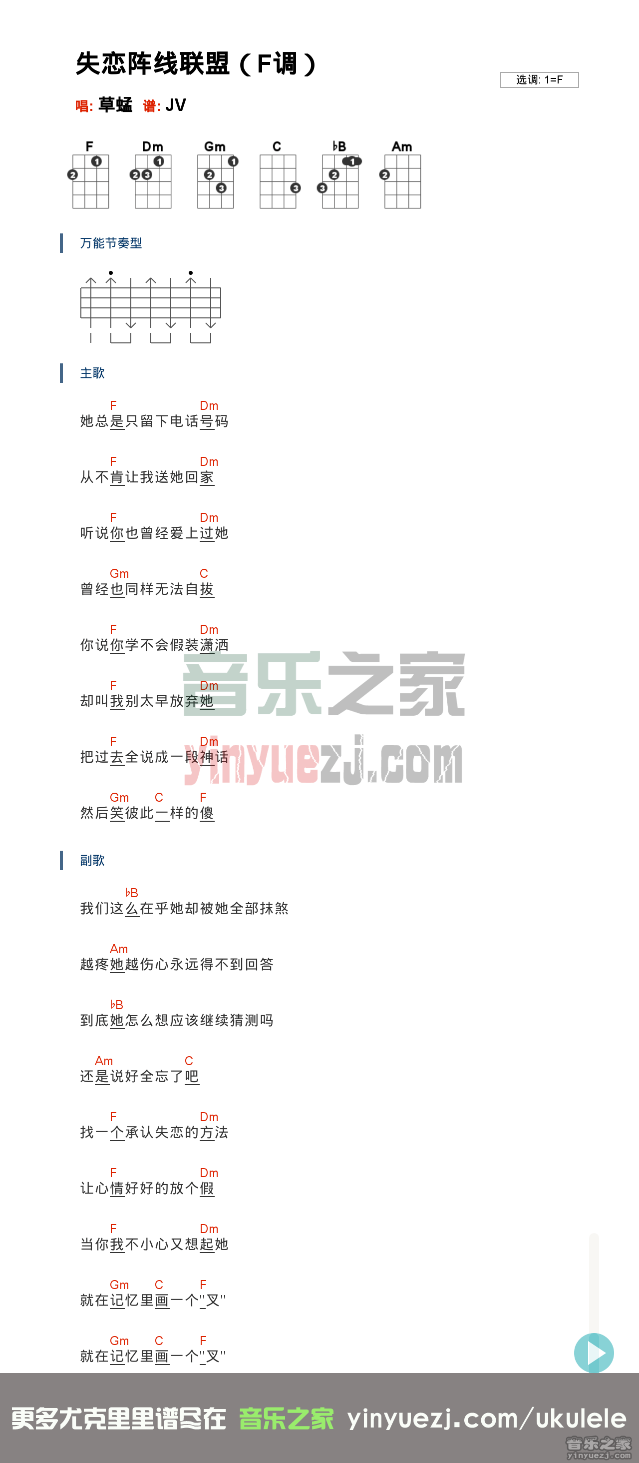 F调版 草蜢《失恋阵线联盟》尤克里里弹唱谱