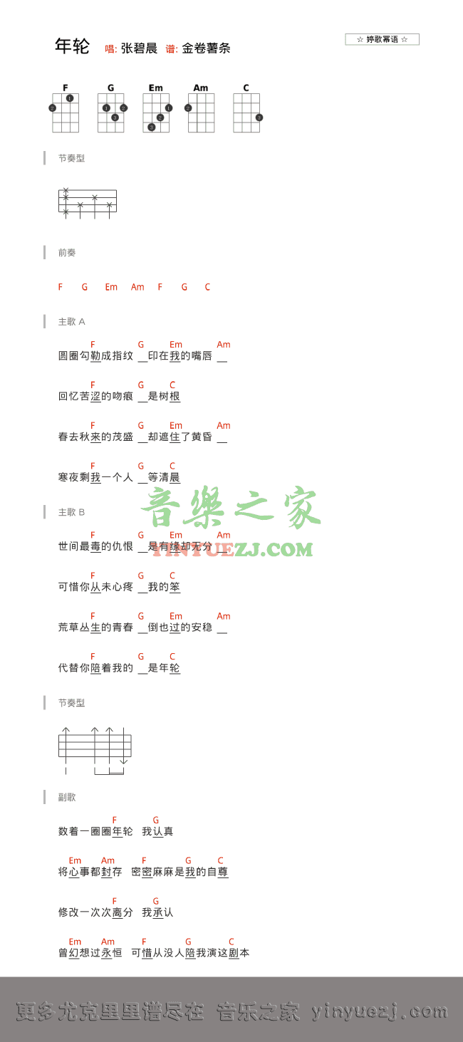 版本一 张碧晨《年轮》尤克里里弹唱谱