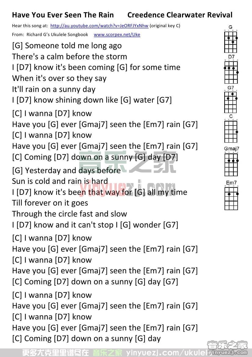 版本一 《Have You Ever Seen the Rain》尤克里里谱