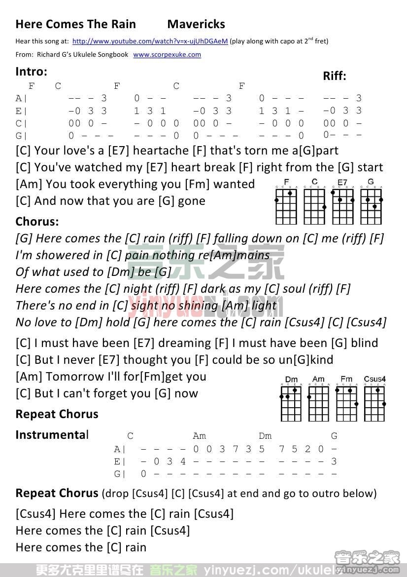 《Here Comes the Rain》尤克里里谱