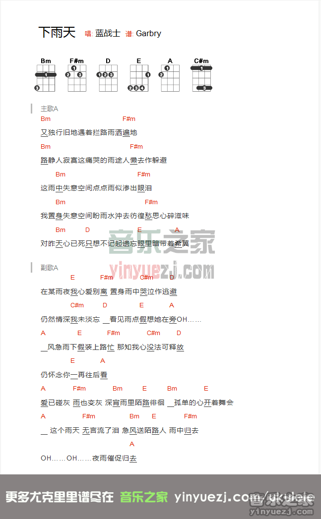 蓝战士《下雨天》尤克里里谱