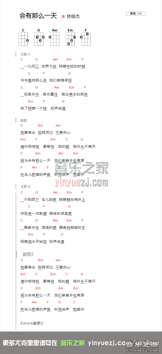 版本一 林俊杰《会有那么一天》尤克里里谱