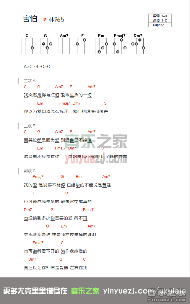 林俊杰《害怕》尤克里里谱