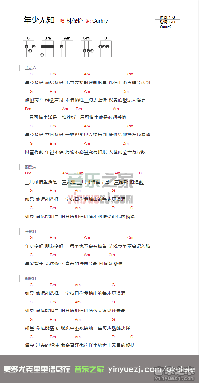 林保怡《年少无知 》尤克里里谱