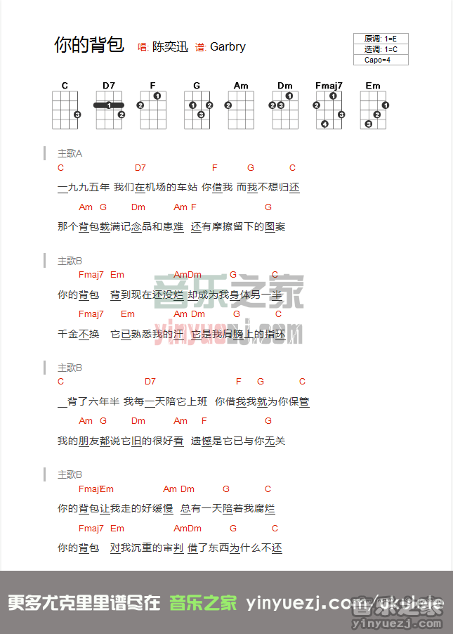 版本二 陈奕迅《你的背包》尤克里里谱