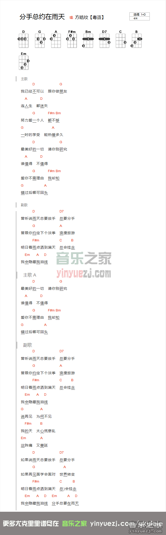 版本一 方皓玟《分手总约在雨天》尤克里里谱