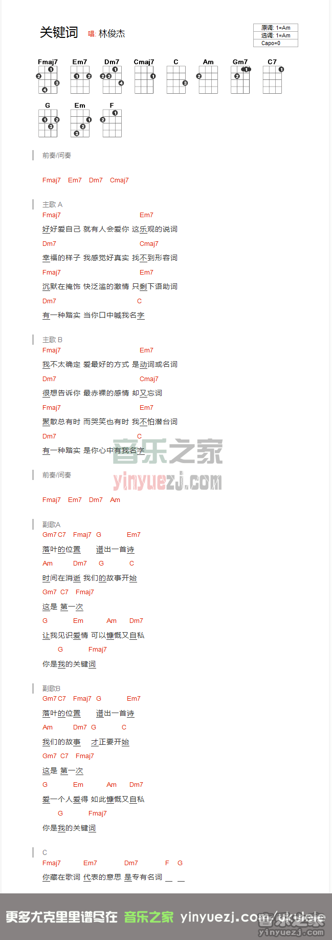 Am调版 林俊杰《关键词》尤克里里弹唱谱