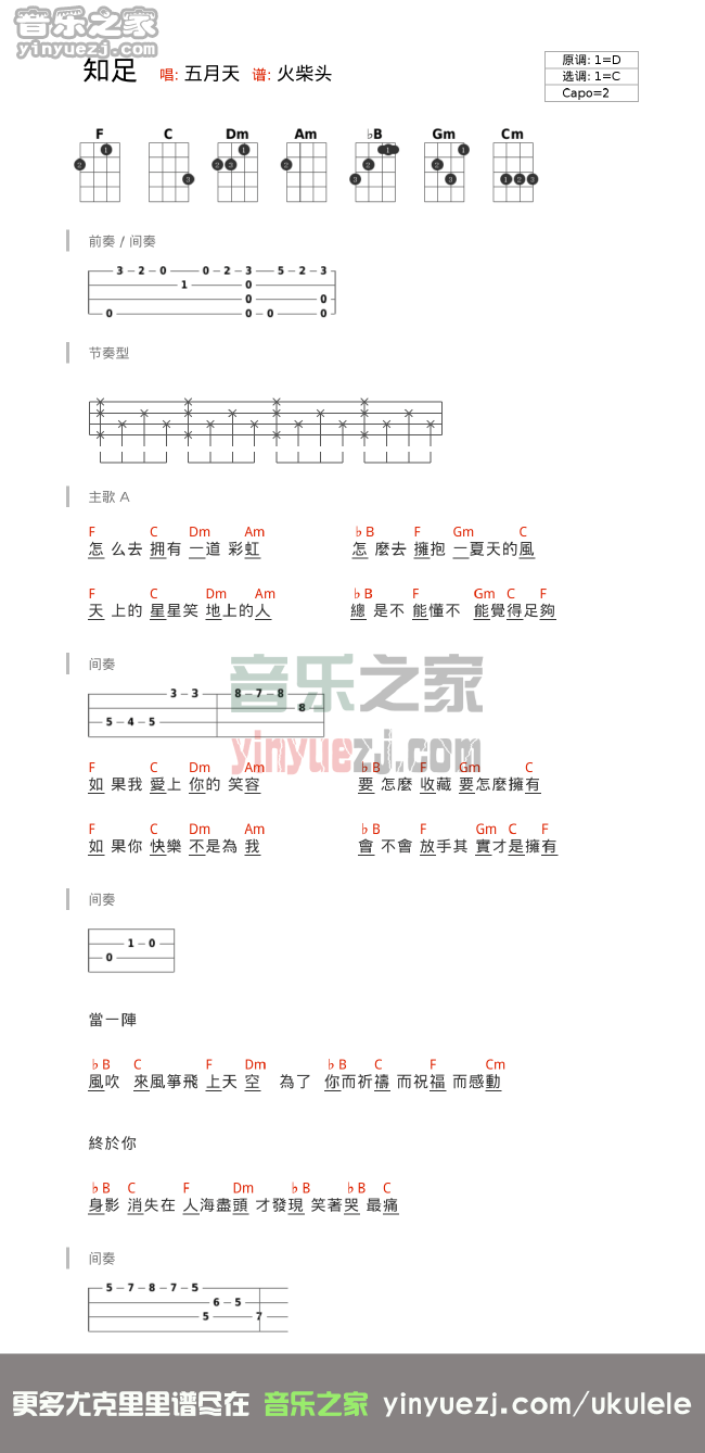 1C调版 五月天《知足》尤克里里弹唱谱