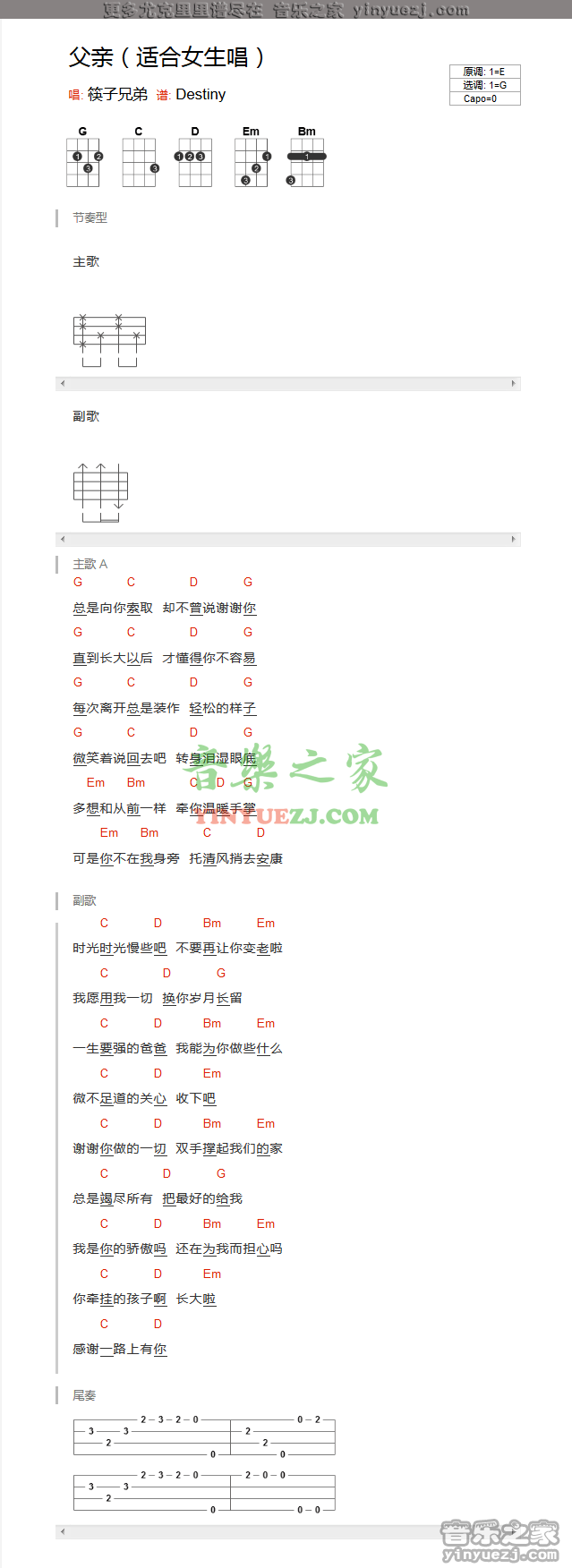 G调女生版 筷子兄弟《父亲》尤克里里弹唱谱