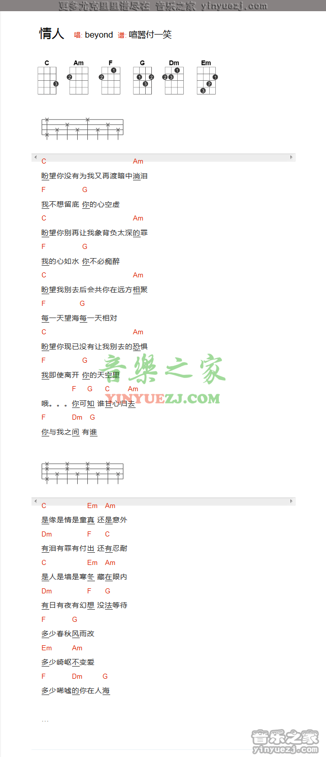 分解和弦版 Beyond《情人》尤克里里弹唱谱
