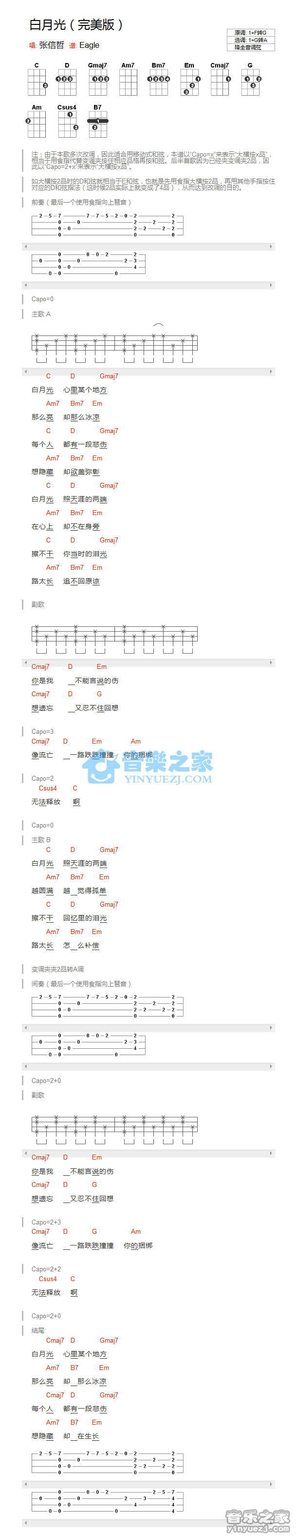 版本一 张信哲《白月光》尤克里里弹唱谱