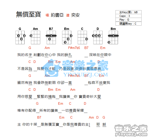 版本一 约书亚《无价至宝》尤克里里弹唱谱