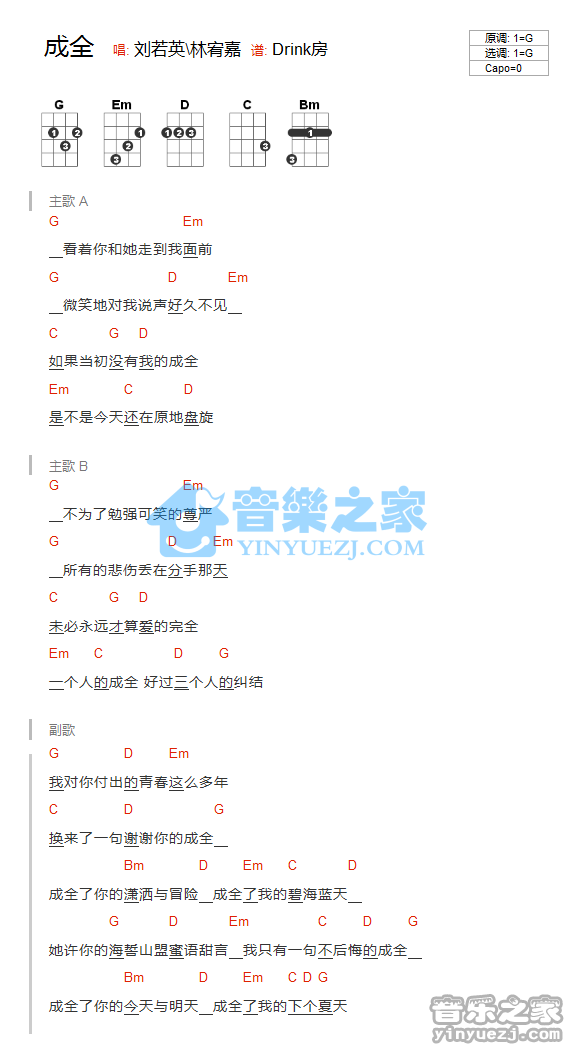 刘若英/林宥嘉《成全》尤克里里弹唱谱
