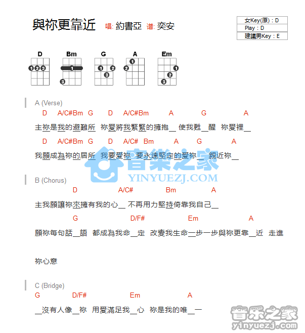 约书亚《与你更靠近》尤克里里弹唱谱