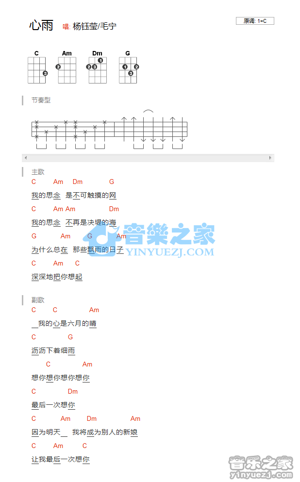 杨钰莹/毛宁《心雨》尤克里里弹唱谱