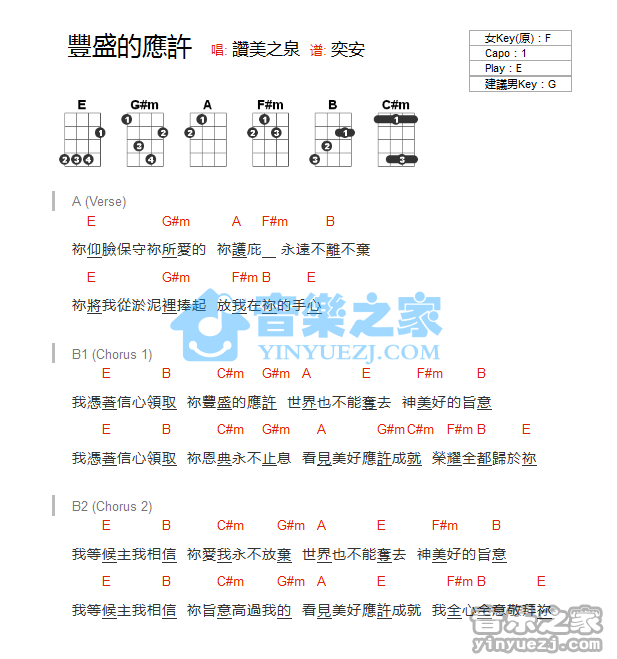 赞美之泉《丰盛的应许》尤克里里弹唱谱