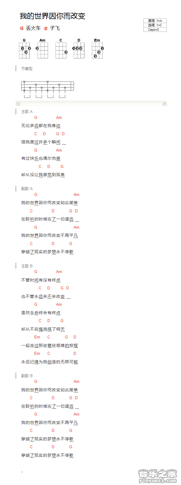 版本一 丢火车《我的世界因你而改变》尤克里里弹唱谱