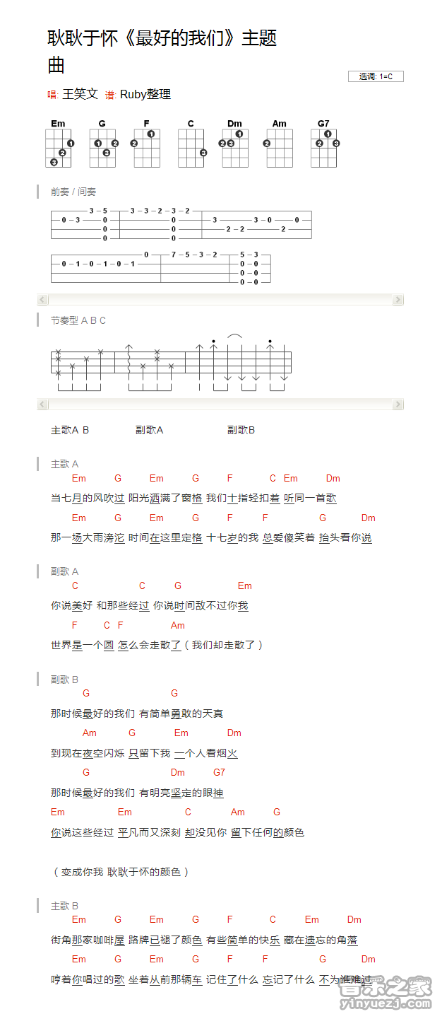 版本一 王笑文《耿耿于怀》尤克里里弹唱谱