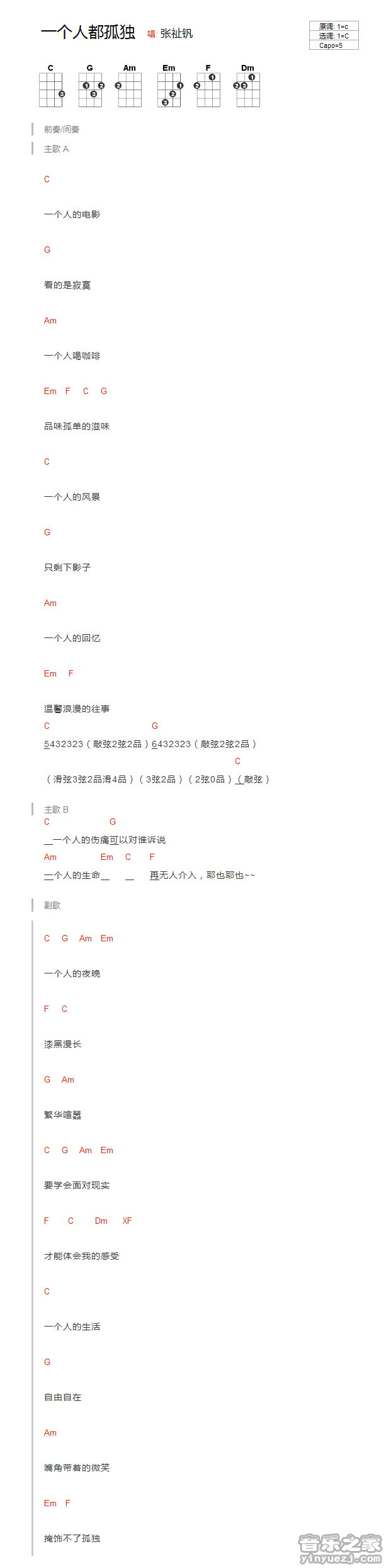 版本一 《一个人都孤独》尤克里里弹唱谱