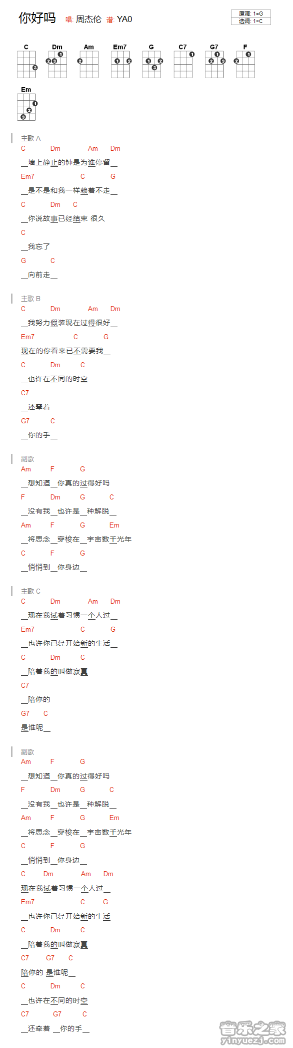 版本一 周杰伦《你好吗》尤克里里弹唱谱