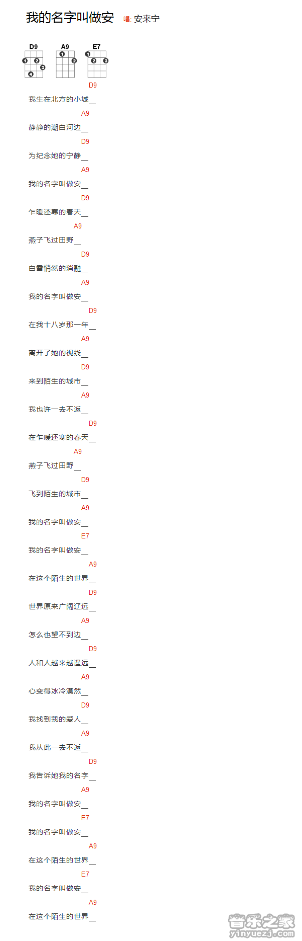 版本一 安来宁《我的名字叫做安》尤克里里弹唱谱
