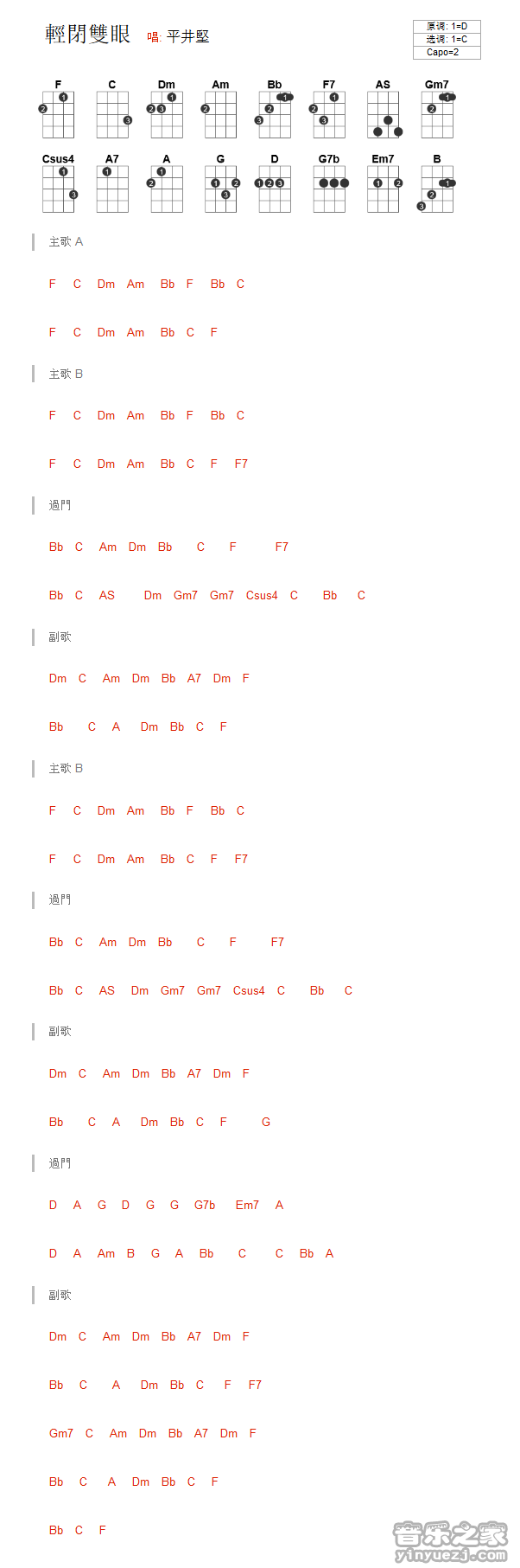版本一 平井坚《轻闭双眼》尤克里里弹唱谱