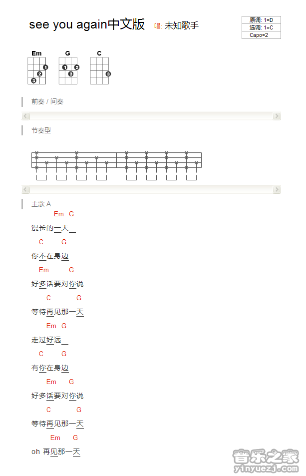 中文版 速七《see you again》尤克里里弹唱谱