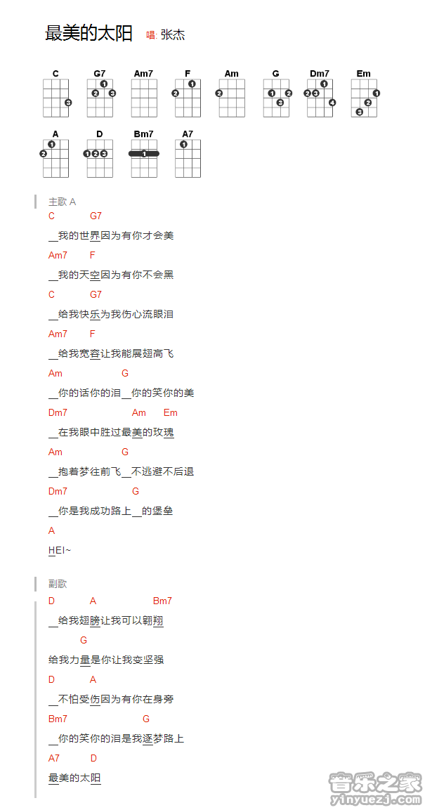 版本一 张杰《最美的太阳》尤克里里弹唱谱