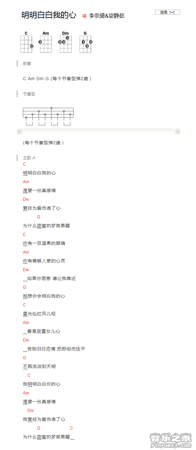 梁静茹《明明白白我的心》尤克里里弹唱谱
