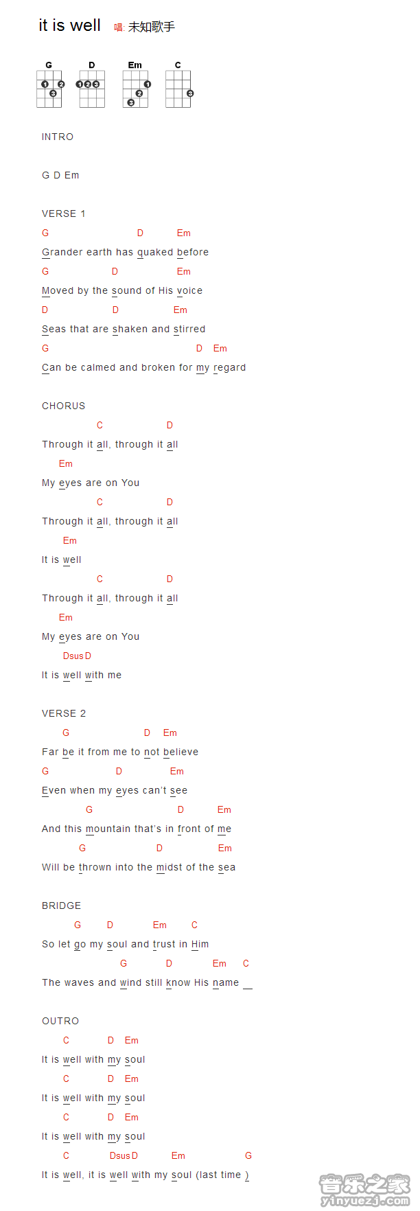 版本一 《it is well》尤克里里弹唱谱