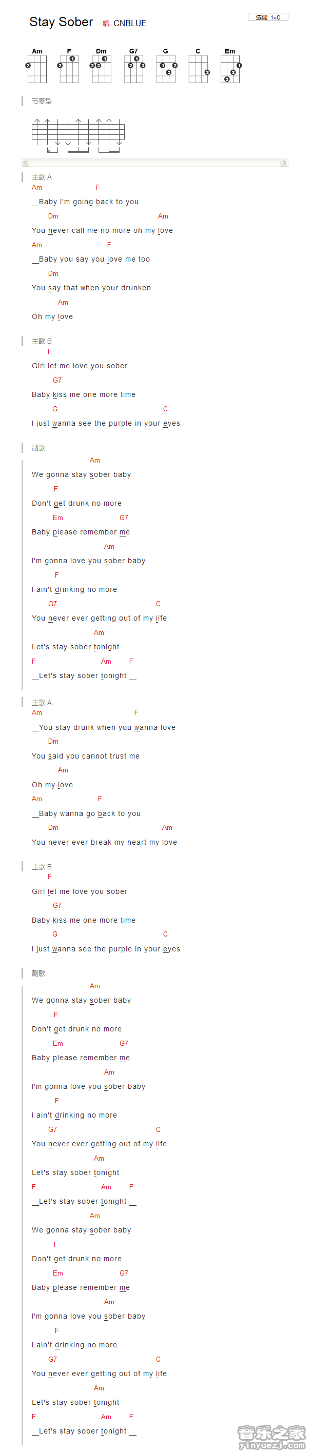 版本一 CNBLUE《stay sober》尤克里里弹唱谱
